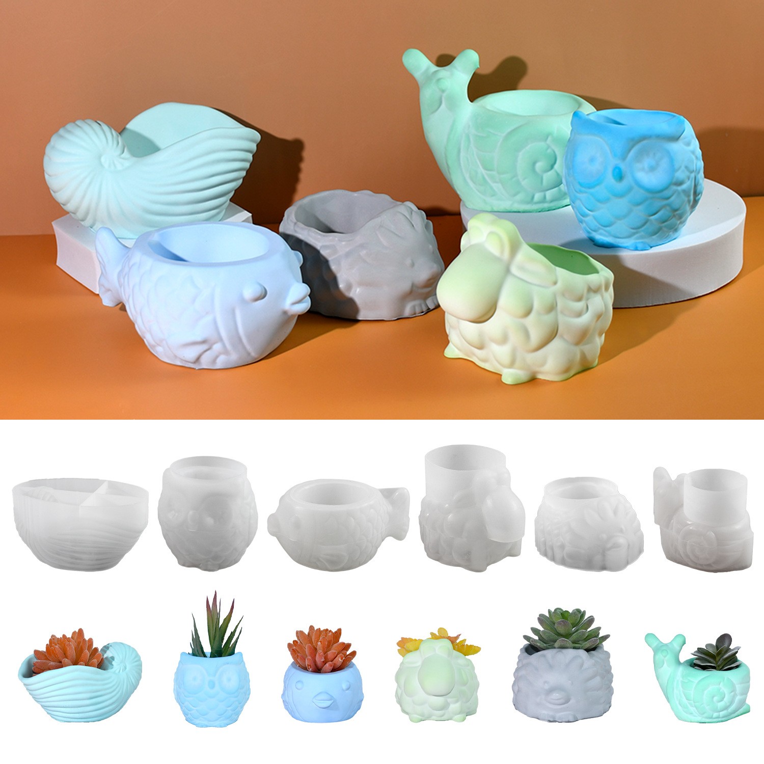 Succulent Set - 3D 動物植木鉢シリコーン型 DIY カタツムリフクロウ巻貝ハリネズミ魚多肉植物プランター植木鉢石膏エポキシ樹脂型