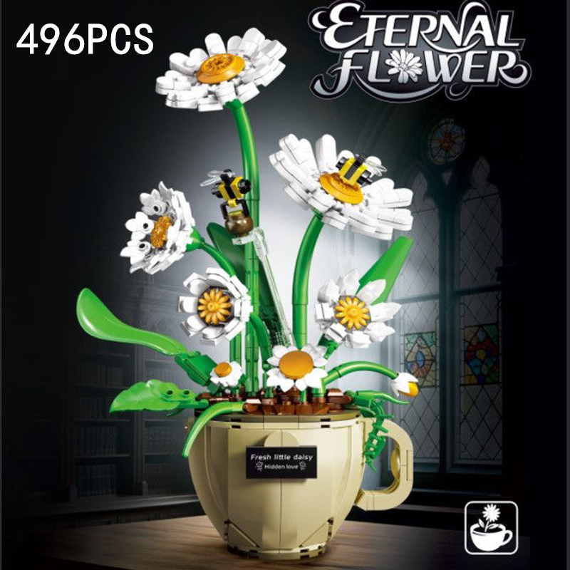 Terracotta Pot - MOC コーヒーカップフラワービルディングブロック鉢植え花束ローズデイジー永遠の花モデル家の装飾パズルおもちゃロマンチックなギフト