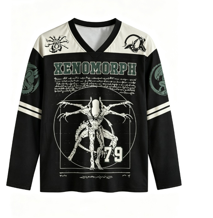 Monstera - ユニセックス、ヴィンテージ風、Xenomorph（エクソノーム）のVネック長袖メッシュシャツ。レトロなSFモンスター柄のストリートウェアトップス。男性にも女性にも。